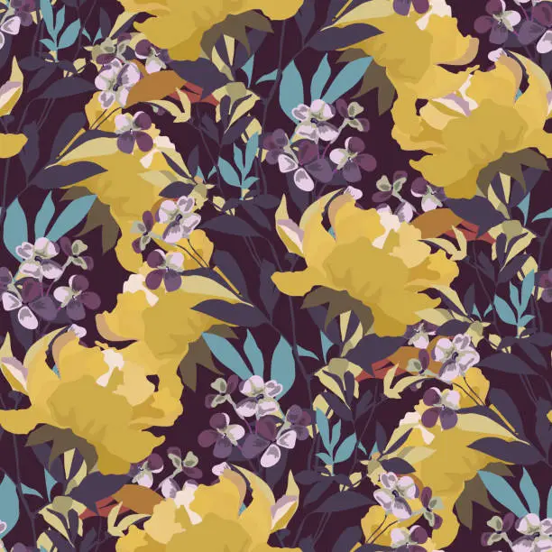 Vector illustration of Vector floral seamless pattern. Yellow flowers isolated on a burgundy background.