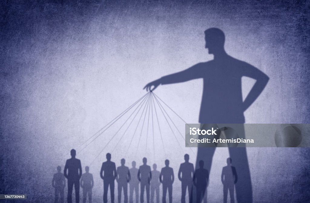 Manipulation Concept - Manipulative Person - Psychological Manipulation - Conceptual Illustration Manipulation Concept - Manipulative Person - Psychological Manipulation - Conceptual Illustration with Shadowy Figure Manipulating People as Puppets Control stock illustration