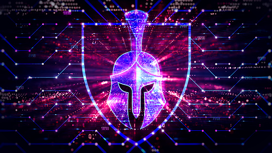 Network Protection Concept with Spartan Helmet Surrounded by Digital Network on Abstract Technology Background - Zero Trust Solutions - Innovation in the Cybersecurity Field