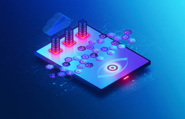 Observability and Monitoring Service Concept - Cloud-based SaaS Observability Platform - 3D Illustration Observability and Monitoring Service Concept - Cloud-based SaaS Observability Platform - Applications and Microservices on Tablet with Servers and Digital Eye - 3D Isometric Illustration full stock illustrations
