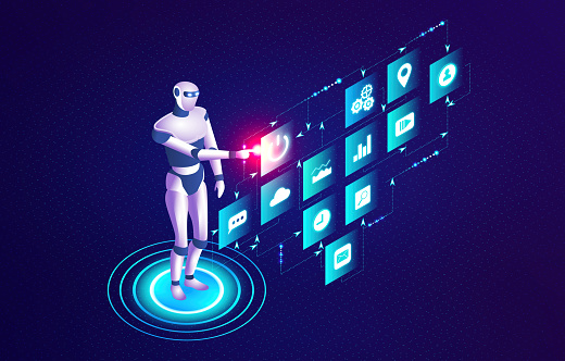 Robotic Process Automation - RPA - Business Process Automation - Concept with Humanoid Robot Directing Business Processes - 3D Isometric Illustration