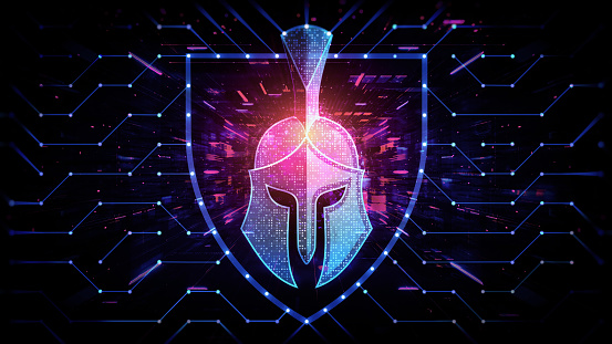 Spartan Helmet Surrounded by Digital Network on Dark Abstract Technology Background - Zero Trust Solutions - Cybersecurity and Network Protection Concept - Conceptual Illustration