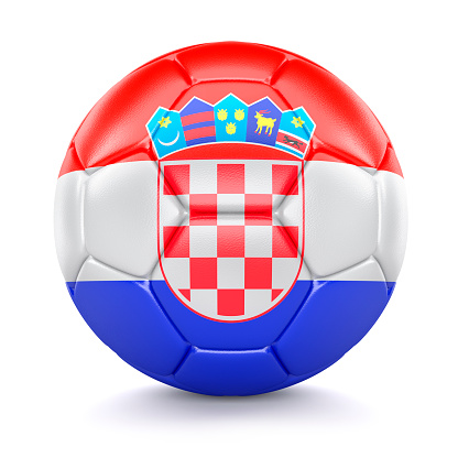 Leather Soccer Ball with Flag of Croatia isolated on white background. 3D Illustration