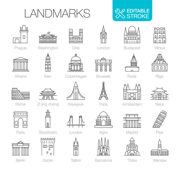 landmarks icons set editable stroke - japan spain stock illustrations