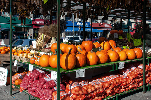 Ottawa, Canada - October 18, 2009: Pumpkins and other crops for sale in Ottawa's historic outdoor Byward Market in the downtown area.