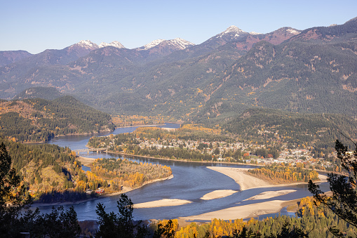 View of Hope, British Columbia, Canada. Sunny Fall Season Day. Dragon's Back Hike Viewpoint.