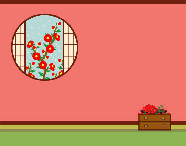 ilustrações de stock, clip art, desenhos animados e ícones de illustration of a background with a window with a view of snowy camellia flowers, nandina fruit  on a japanese chest, and free space - tanka