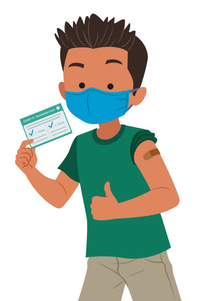 Childhood immunization Boy wearing mask with bandage on his arm holding a COVID-19 vaccination record card. vacina stock illustrations
