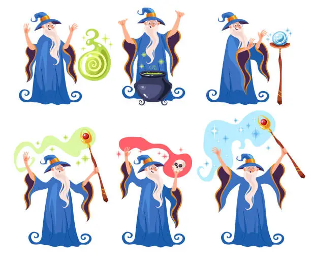 Vector illustration of Old magician man character in different position isolated set. Vector flat graphic design cartoon illustration