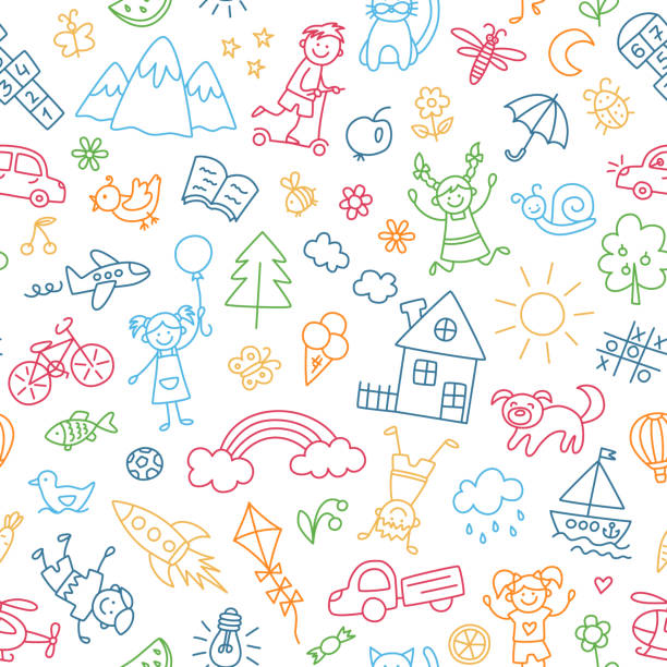 Seamless pattern with doodle children house, sun and bike. Hand drawn funny little kids play, run and jump. Color cute children crayon drawing. Vector illustration in doodle style on white background Seamless pattern with doodle children house, sun and bike. Hand drawn funny little kids play, run and jump. Color cute children crayon drawing. Vector illustration in doodle style on white background. recess cartoon stock illustrations