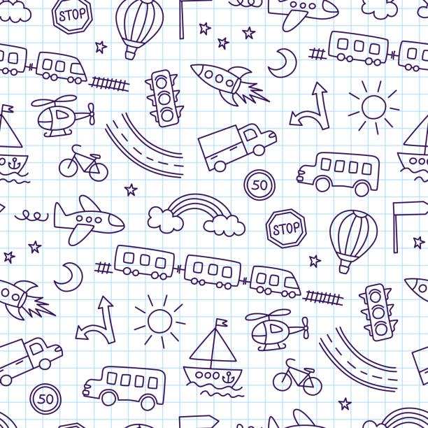 Children drawing of cars, train, plane, helicopter and rocket. Doodle transport. Cute children drawing. Seamless pattern in kid style. Hand drawn vector illustration on squared notebook background Children drawing of cars, train, plane, helicopter and rocket. Doodle transport. Cute children drawing. Seamless pattern in kid style. Hand drawn vector illustration on squared notebook background. helicopter on pad stock illustrations