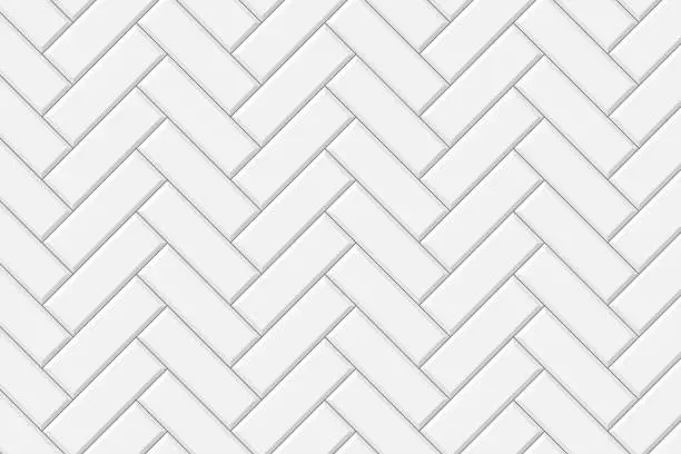 Vector illustration of White herringbone metro tile wall texture. Kitchen or bathroom decoration seamless pattern. Stone or ceramic brick background. Vector flat illustration