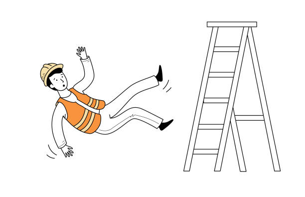 Injured worker fall accident. Line doodle Injured worker fall accident on ladder. Line drawn doodle style character. Man with builder uniform and helmet. Industry work risk and health safety concept. Vector illustration. fractured foot drawing stock illustrations