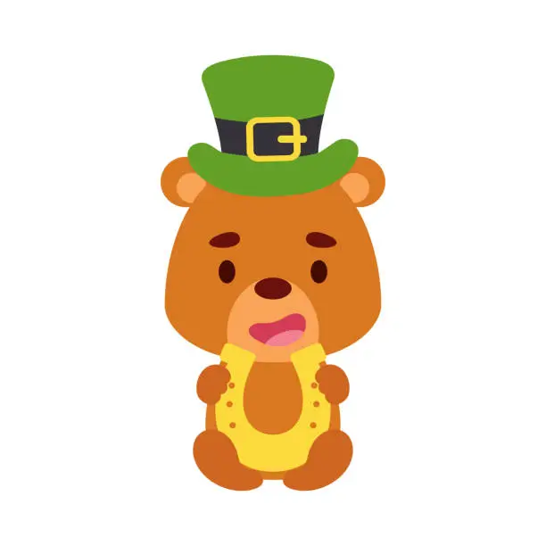 Vector illustration of Cute bear St. Patrick's Day leprechaun hat holds horseshoe. Irish holiday folklore theme. Cartoon design for cards, decor, shirt, invitation. Vector stock illustration.