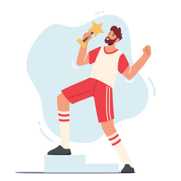 ilustrações de stock, clip art, desenhos animados e ícones de sport success celebration, happy sportsman rejoice with gold star trophy. sportsman character celebrate victory - trophy soccer sport success