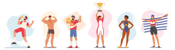 illustrazioni stock, clip art, cartoni animati e icone di tendenza di campione di sportivi e sportive? con medaglie e bandiere. vinci, concetto di vittoria. giovani personaggi felici che tengono il trofeo - sportsman