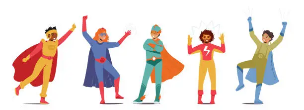 Vector illustration of Set of Little Super Hero Kids Wearing Costumes, Mask and Cloak Having Fun and Playing Isolated on White Background