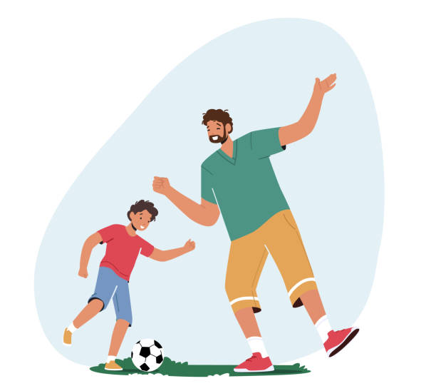 ilustraciones, imágenes clip art, dibujos animados e iconos de stock de felices personajes de la familia padre e hijo jugando al fútbol en el campo. papá con niño pequeño pasan tiempo juntos, divirtiéndose - soccer child coach childhood