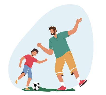 Happy Family Characters Father and Son Playing Soccer on Field. Dad with Little Boy Spend Time Together, Having Fun