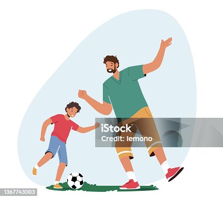 istock Happy Family Characters Father and Son Playing Soccer on Field. Dad with Little Boy Spend Time Together, Having Fun 1367743003