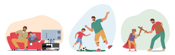 ustaw szczęśliwe postacie rodzinne tata i syn spędzają razem czas walcząc na miecze, grając w piłkę nożną i gry wideo na konsoli telewizyjnej - playing video game little boys playful stock illustrations