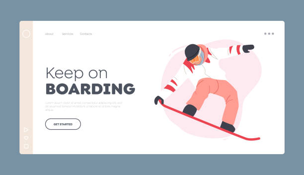 Sportswoman Having Fun on Ski Resort Landing Page Template. Travel Activity Entertainment. Happy Girl Riding Snowboard Sportswoman Having Fun on Ski Resort Landing Page Template. Travel Activity Entertainment. Happy Girl Riding Snowboard by Snow Slopes during Winter Time Season Holidays. Cartoon Vector Illustration snowboarding snowboard women snow stock illustrations