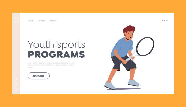 ilustrações de stock, clip art, desenhos animados e ícones de youth sports programs landing page template. little boy holding racket playing tennis. kid character sports training - tennis teenager little boys playing