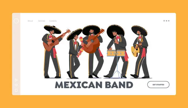Vector illustration of Mexican Band Landing Page Template. Mariachi Musicians Performance, Playing Guitar, Drums and Maracas Instruments