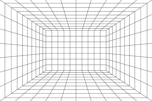 3d digital grid of room space with one point perspective. White empty geometric cyberspace studio background. Virtual three dimension scene. Easy guide architecture template