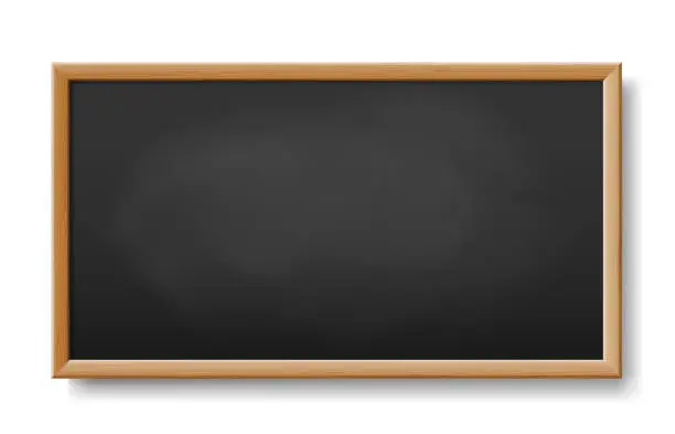 Vector illustration of Rubbed dirty chalkboard. Realistic blackboard in wood frame. Empty chalkboard for school class