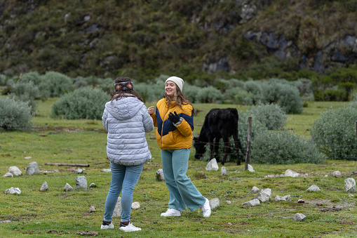 Two girls smiling and talking next to a cow in the mountain while the animal eat grass