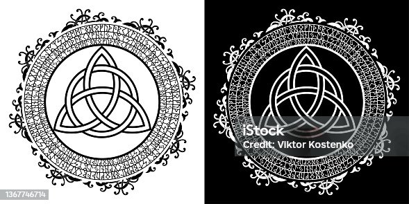 istock Triquetra circular runic frame. Celtic knot, a triangular figure, used in ancient ornamentation, surrounded by a border, made of runes. Vector Illustration.Trinity knot icon black and white color 1367746714