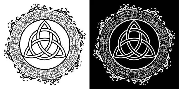 Vector illustration of Triquetra circular runic frame. Celtic knot, a triangular figure, used in ancient ornamentation, surrounded by a border, made of runes. Vector Illustration.Trinity knot icon black and white color