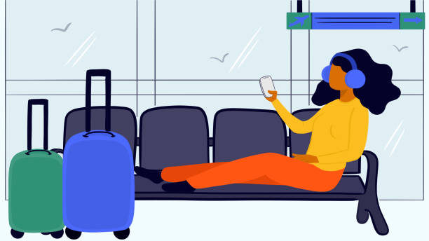 ilustraciones, imágenes clip art, dibujos animados e iconos de stock de mujer esperando vuelo en la sala del aeropuerto - one person adult air vehicle commercial airplane