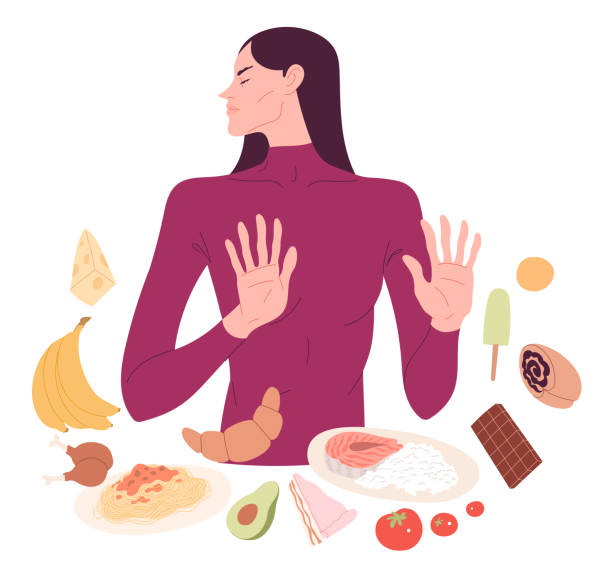 illustrations, cliparts, dessins animés et icônes de la femme refuse de manger, rejette la nourriture. trouble - dieting food rejection women