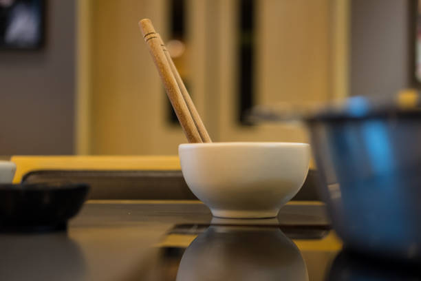 Close of white bowl for eating shabu or sukiyaki.
