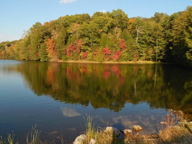 istock Fall colors reflecting off calm water. 1367751731