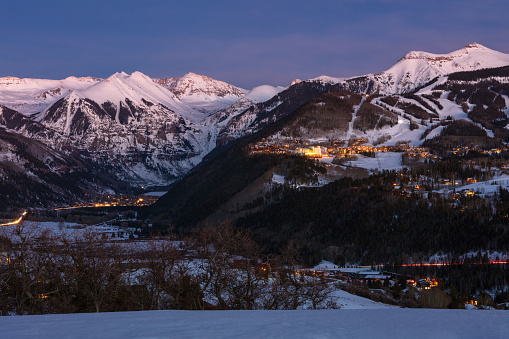 Scenic view of Telluride, Colorado and the San Juan Mountains on a winter evening.