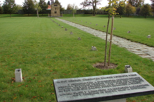 Burial grounds and monuments at Theresienstadt, Russian WWI POWs memorial, 1914-1918, dedication plaque in the foreground, Terezin, Czech Republic