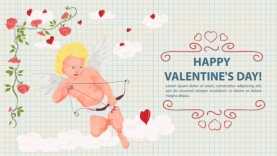Illustration in a flat style, for the Valentines Day holiday, a frame of flowers, cupid on clouds aiming a bow, a notebook sheet in a cage background