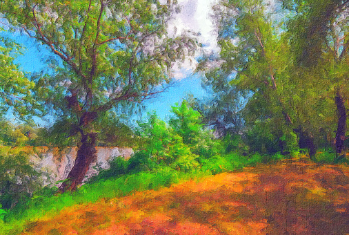 Landscape painting showing forest beside river on sunny summer day.