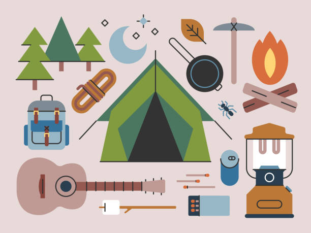 camping & outdoor recreation—seria brightline - gitara akustyczna obrazy stock illustrations
