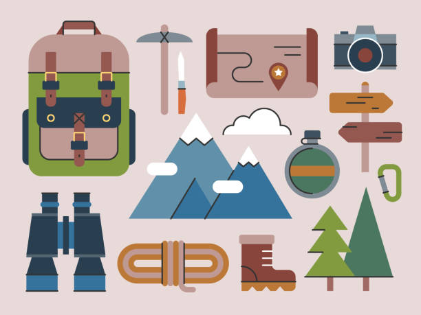 ilustrações de stock, clip art, desenhos animados e ícones de hiking & climbing—brightline series - sign camera travel hiking