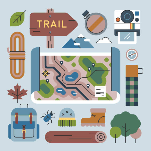 ilustrações de stock, clip art, desenhos animados e ícones de nature trail map & objects—brightline series - directional sign wood sign footpath