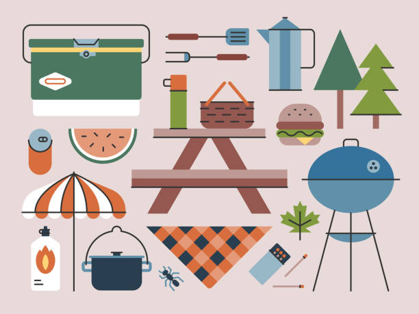 пикник и приготовление пищи — серия brightline - checked blue tablecloth plaid stock illustrations