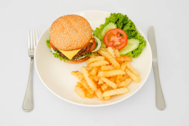 istock Plate hamburger with fries on white background. 1367762586