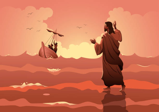 jesus christus beim gehen auf dem wasser - apostel stock-grafiken, -clipart, -cartoons und -symbole