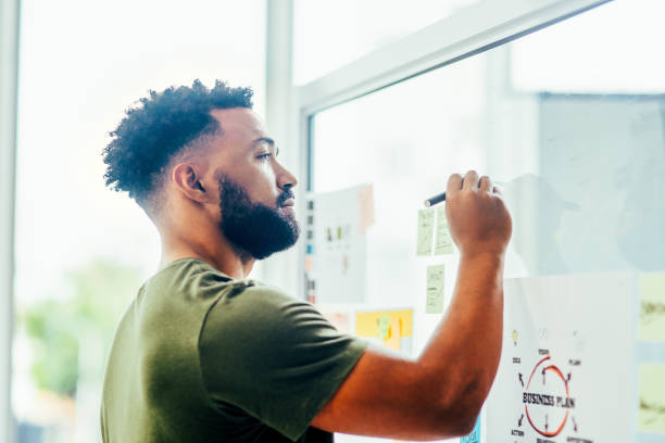 istock Shot of a young designer brainstorming with notes on a glass wall in an office 1367763514