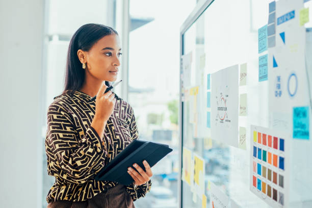 Shot of a young designer using a digital tablet while brainstorming with notes on a glass wall in an office