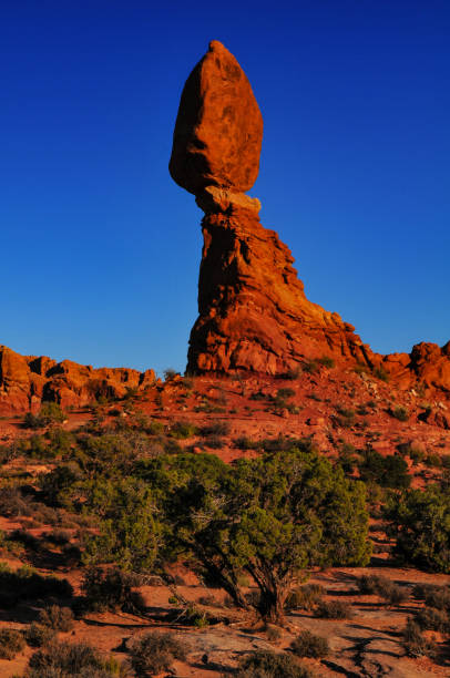 en fin d’après-midi, soleil sur balanced rock - usa arches national park balanced rock colorado plateau photos et images de collection